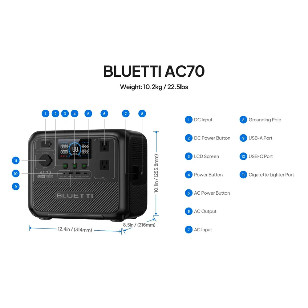 BLUETTI AC70 1000W 768Wh Portable Power Station