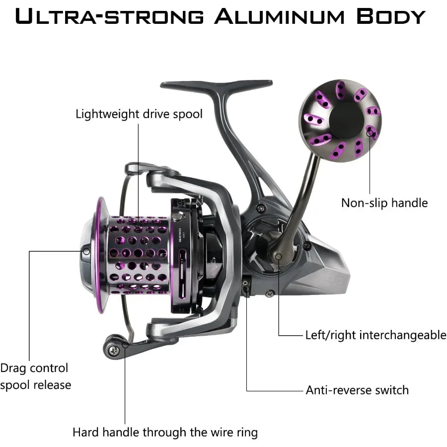 Saltwater Spinning Reel 10000 Surf Fishing Reels Saltwater13 +1 BB 45LB Max Drag Ultra Smooth Heavy Duty Reel with CNC Aluminum