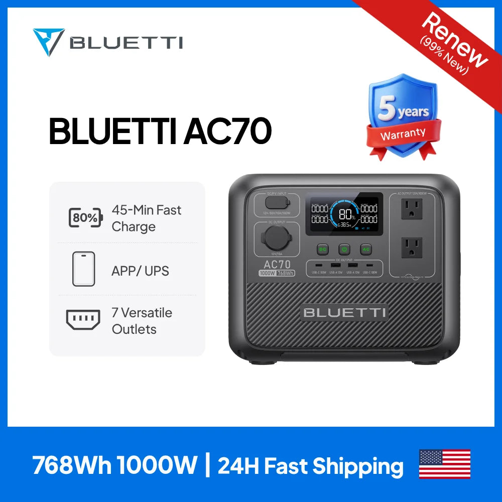 BLUETTI AC70 1000W 768Wh Portable Power Station