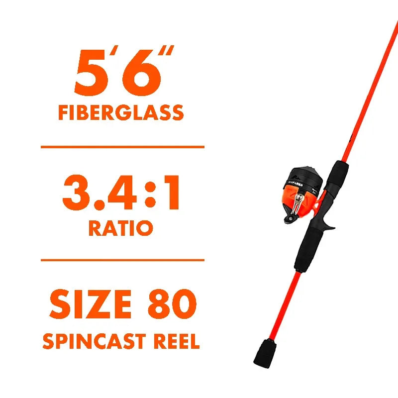 Wayfarer Fiberglass Spincast Fishing Rod and Reel Combo for Adults, 5' 6", Orange, 2 Pieces
