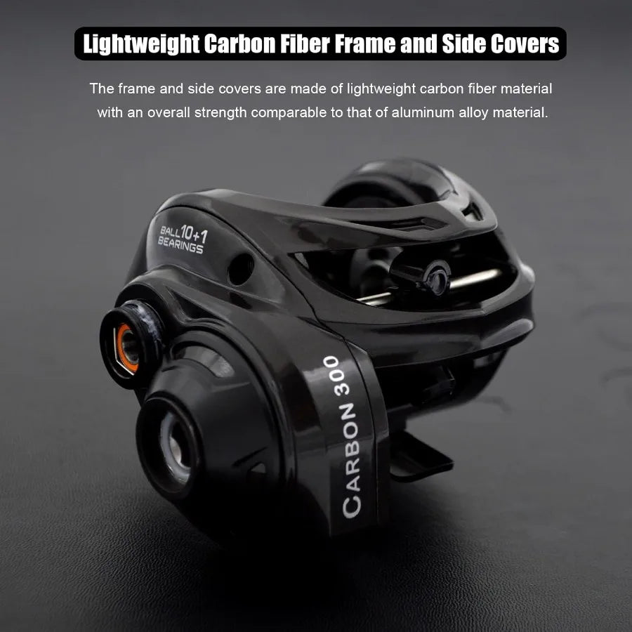 Carbon 300 Baitcasting Fishing Reel High Line Capacity Baitcaster Reels 6.3:1 Gear Ratio 10+1 Stainless Steel Ball Bearings 10
