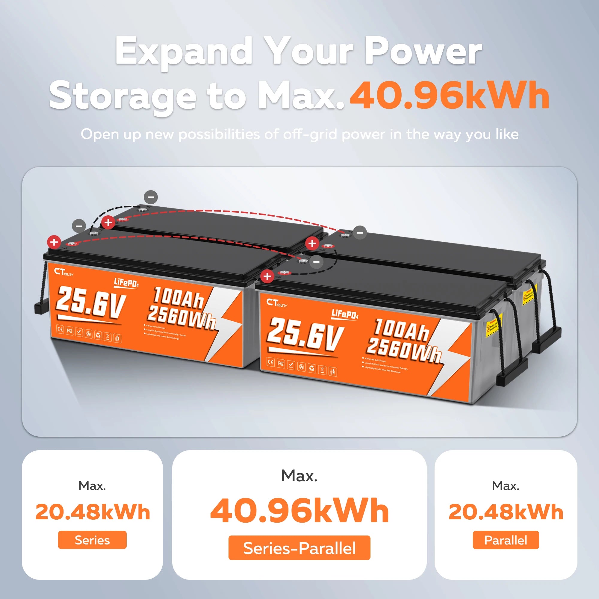 CTOLITY 25.6V 100AH LiFePo4 Battery Pack 2560Wh