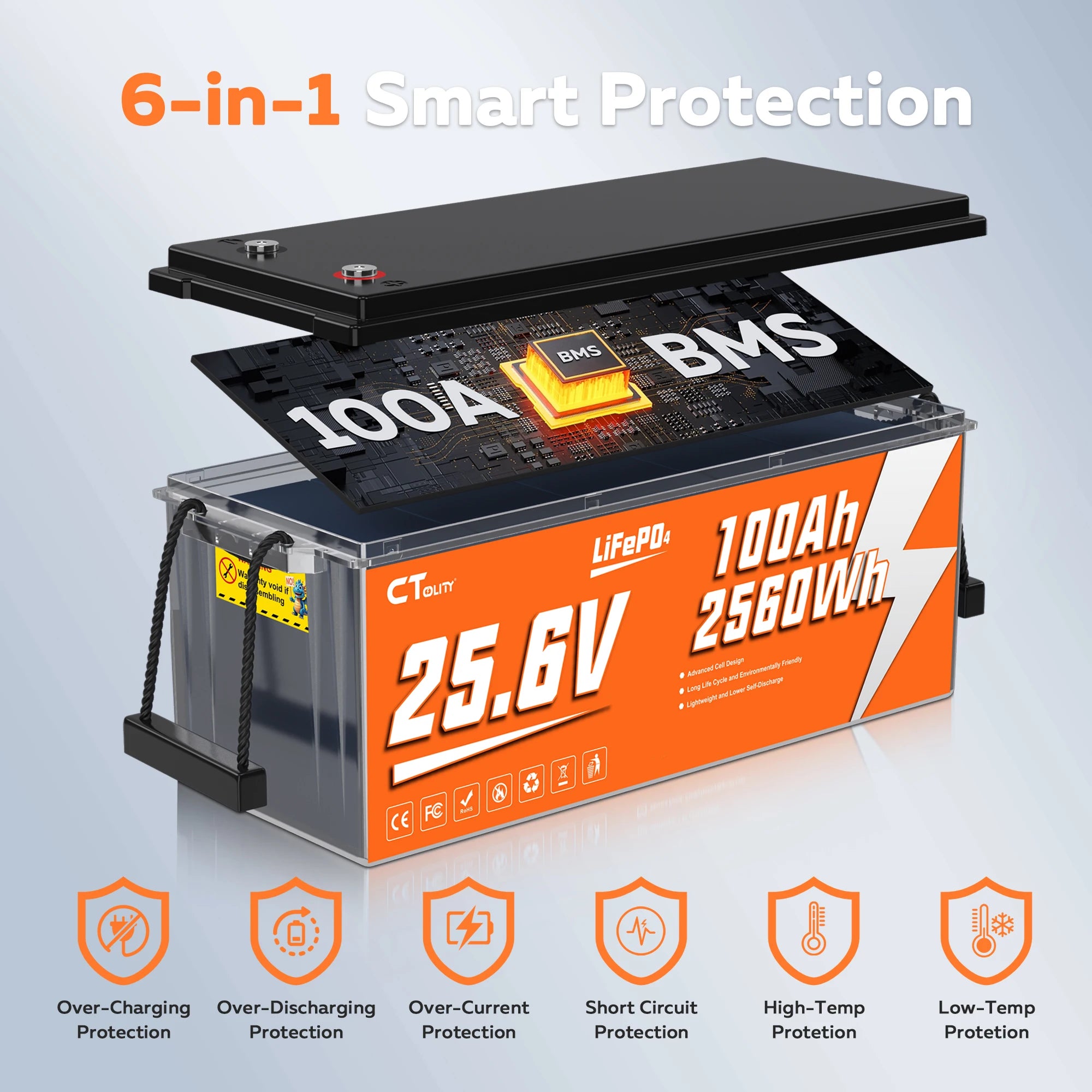 CTOLITY 25.6V 100AH LiFePo4 Battery Pack 2560Wh