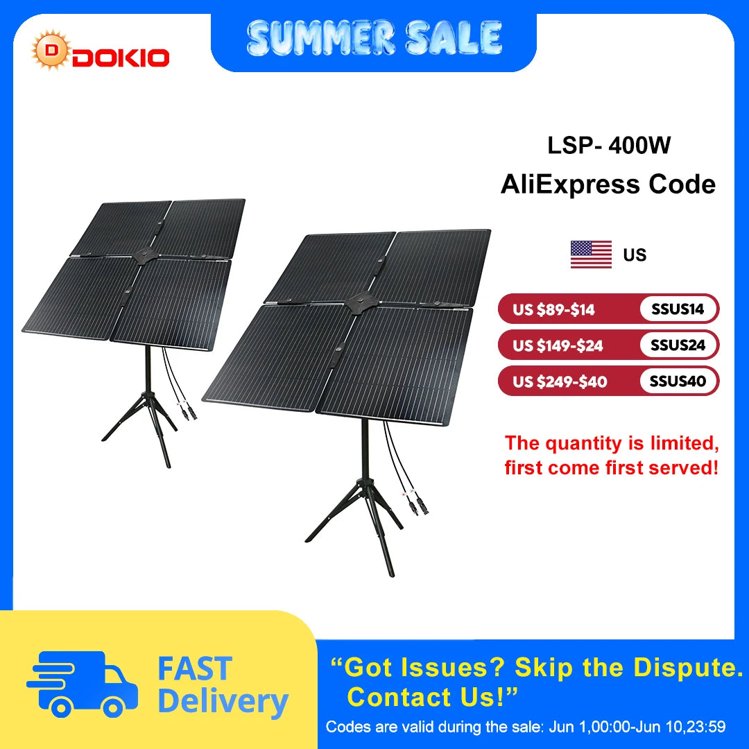 DOKIO 400W Portable Detachable & Adjustable Angle Blade Solar Panel Kit (8x50W) for Camping, Patio, Travel