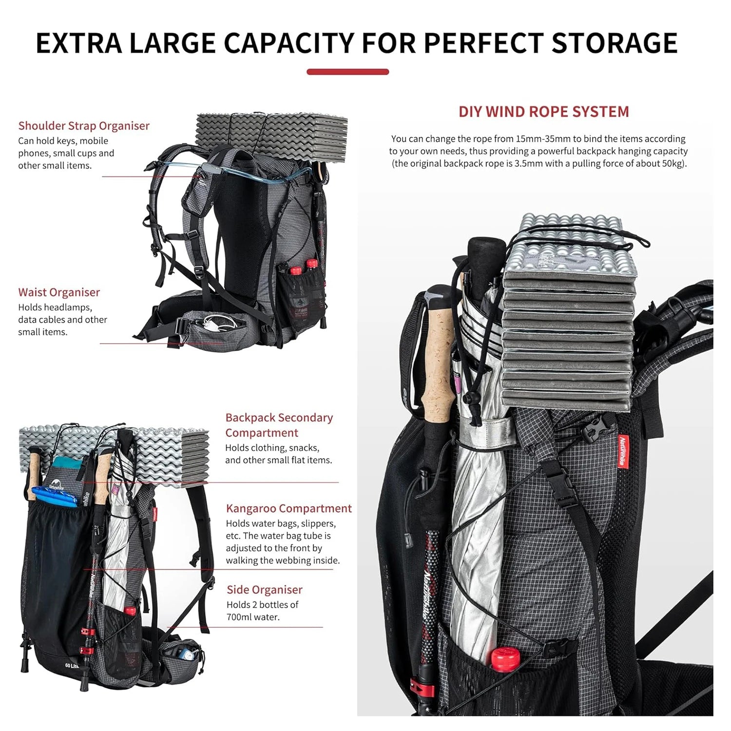 Naturehike Outdoor Mountain Backpack 60+5L Waterproof