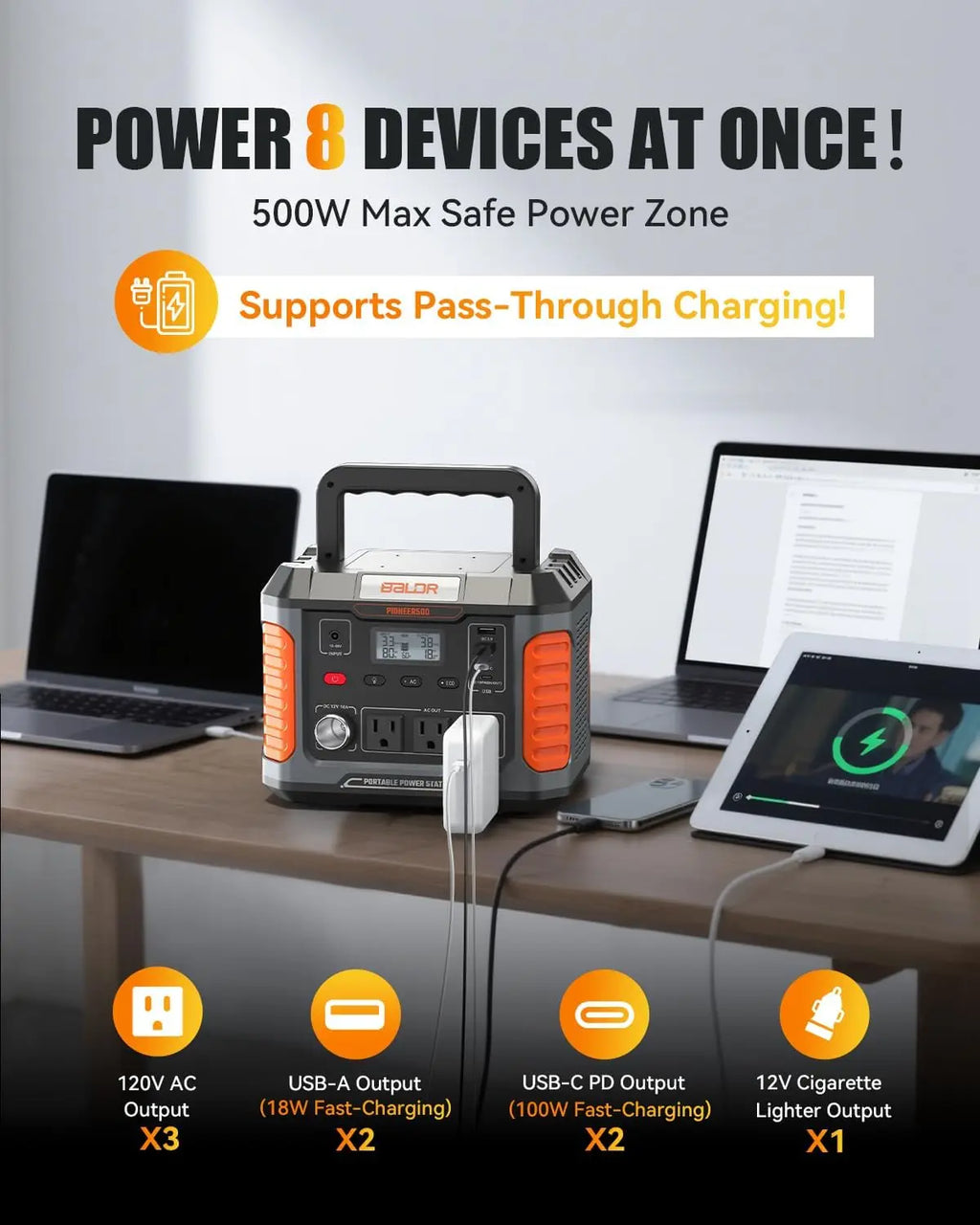 Portable Power Station 500W 288Wh Solar Charging