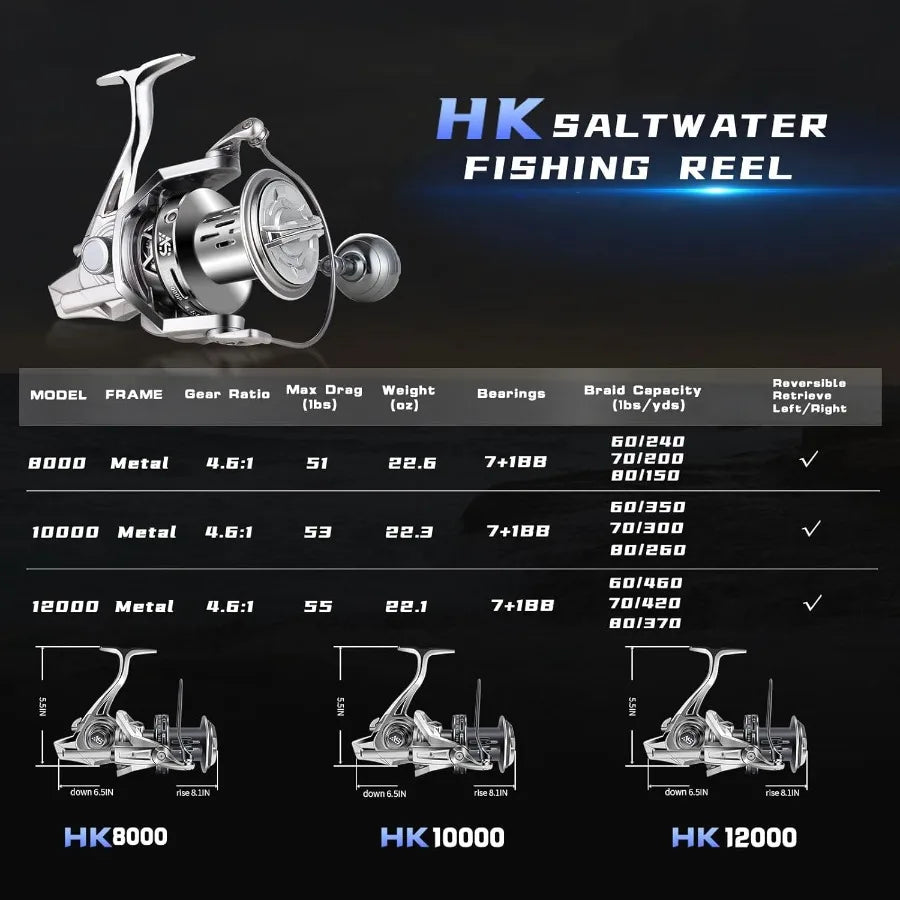 Spinning Reel 8000 10000 12000 Aluminum Frame Surf Fishing Reels Carbon Fiber 55LB Power Drag Heavy Long Casting Inshore Saltwa